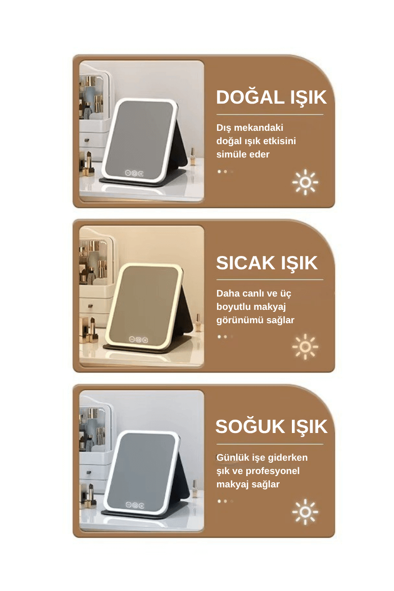 Katlanabilir LED Işıklı Makyaj Aynası – Tricolor Ayarlanabilir Işık, Şarjlı, Taşınabilir Tasarım - Görsel 3