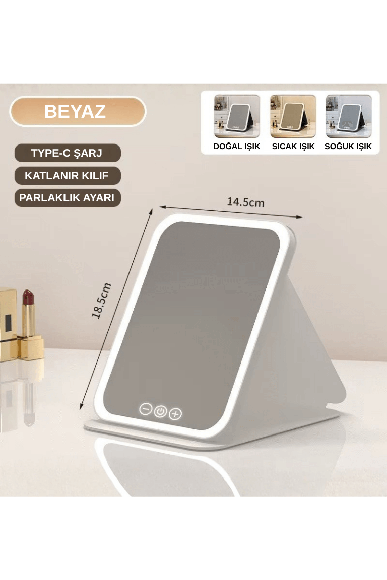 Katlanabilir LED Işıklı Makyaj Aynası – Tricolor Ayarlanabilir Işık, Şarjlı, Taşınabilir Tasarım - Görsel 2